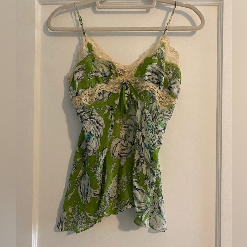 Rare Vintage Y2K Saks Fifth Avenue Green Floral 100% Silk Tank Top Size Small